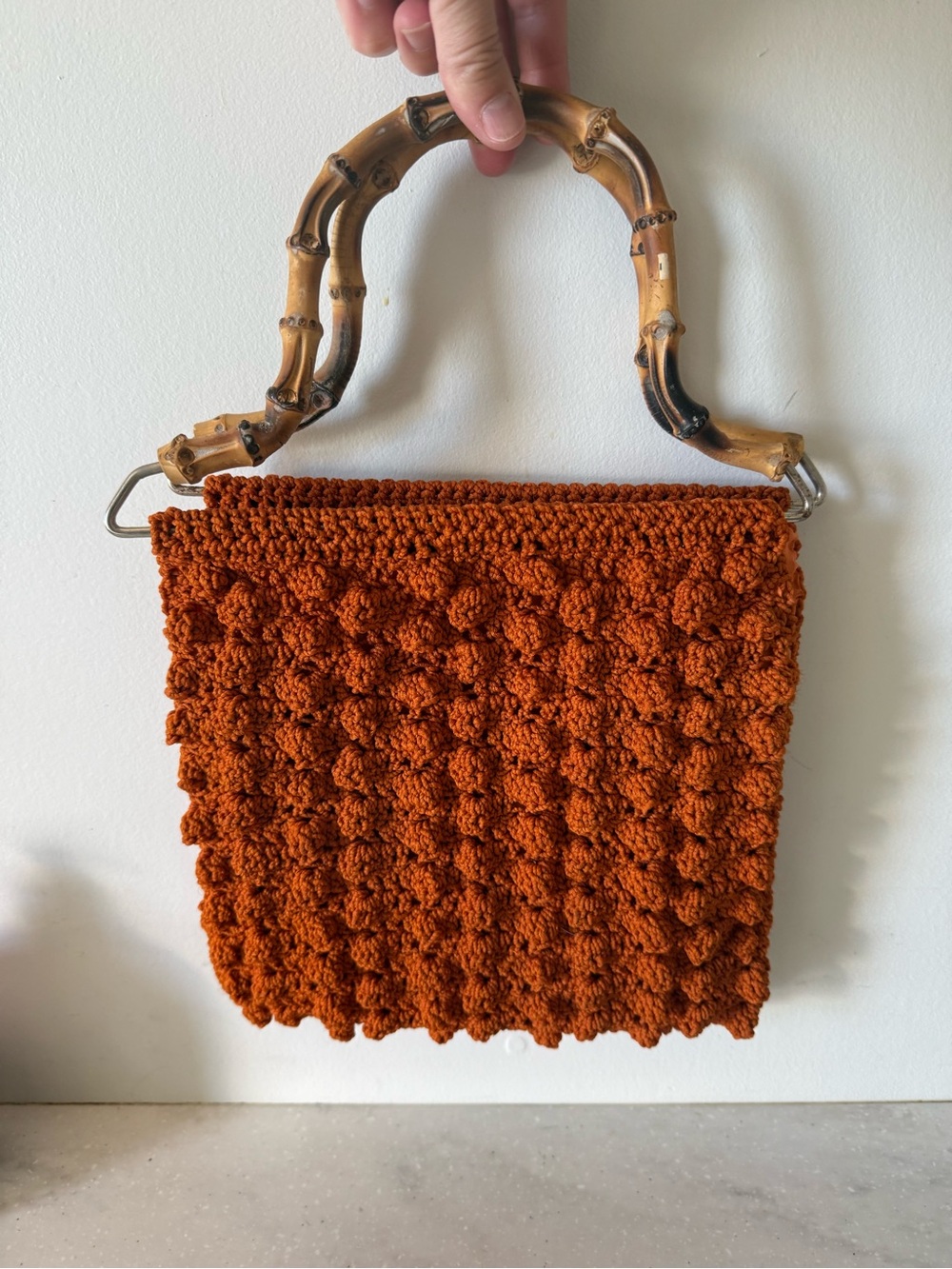 Vintage Handmade Rust Orange Crochet Bag with Bamboo Handles